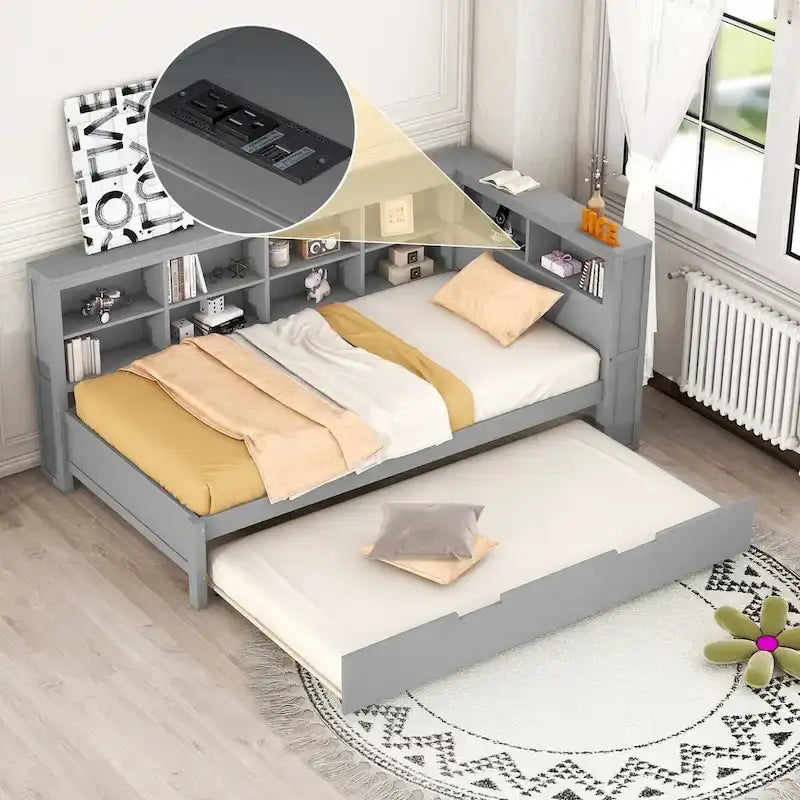 Tagesbett in Twin/Full-Größe mit Twin-Ausziehbett, Ablageboden und USB-Ladeanschlüssen
