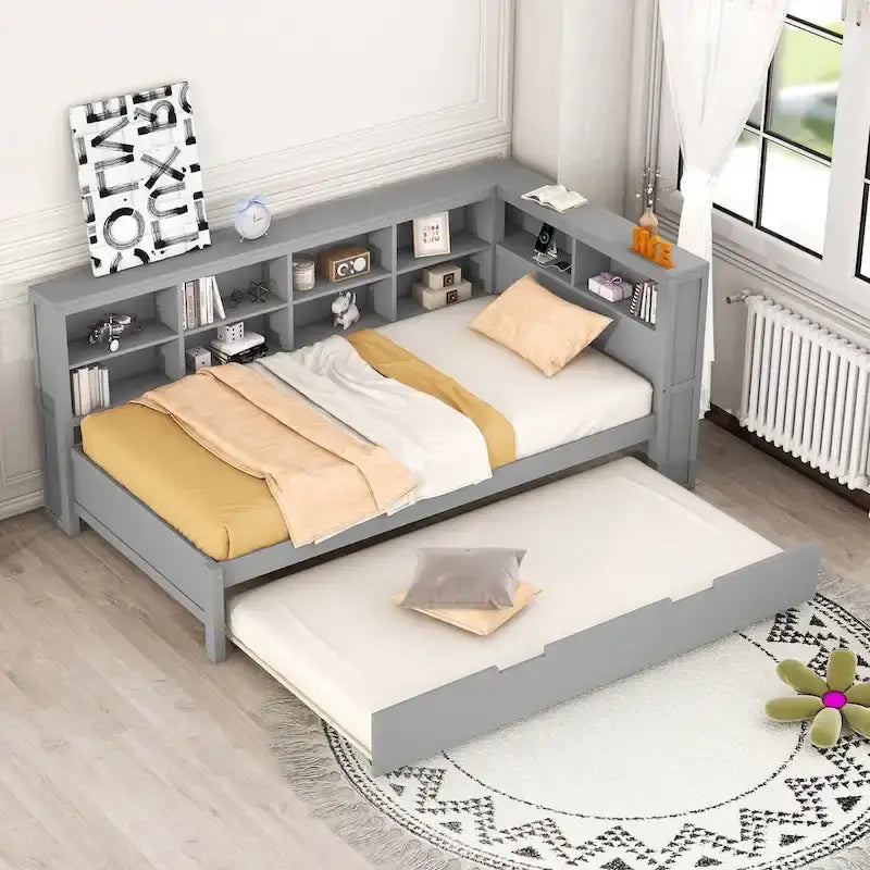 Tagesbett in Twin/Full-Größe mit Twin-Ausziehbett, Ablageboden und USB-Ladeanschlüssen