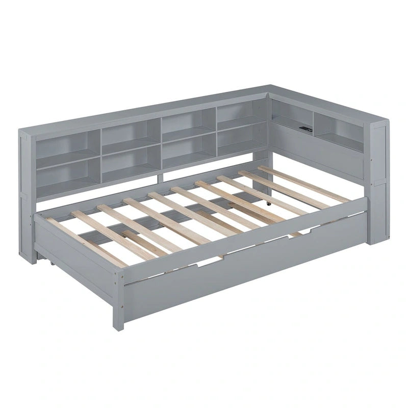Tagesbett in Twin/Full-Größe mit Twin-Ausziehbett, Ablageboden und USB-Ladeanschlüssen