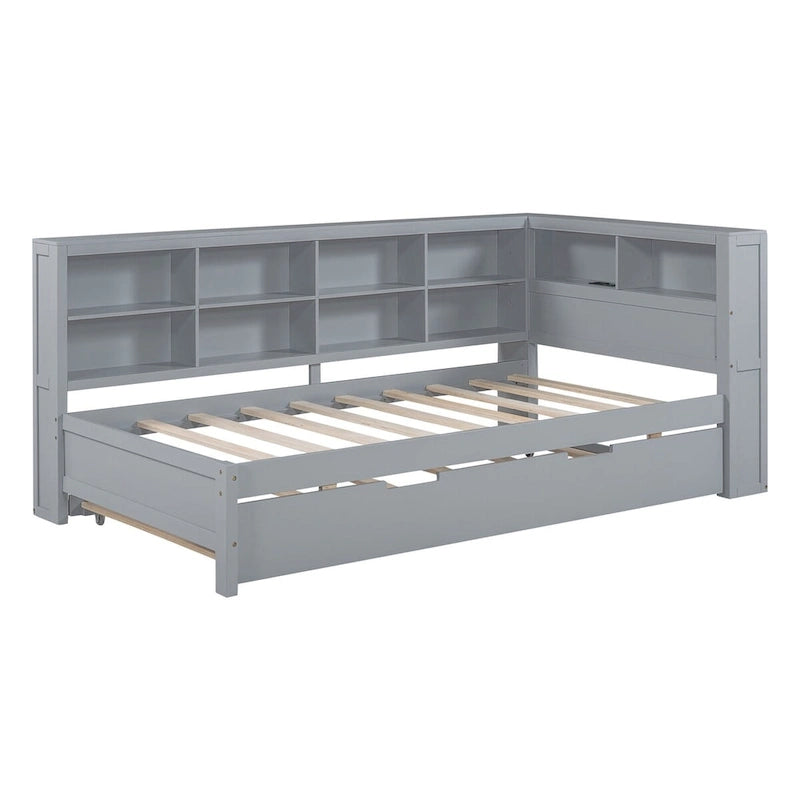 Tagesbett in Twin/Full-Größe mit Twin-Ausziehbett, Ablageboden und USB-Ladeanschlüssen