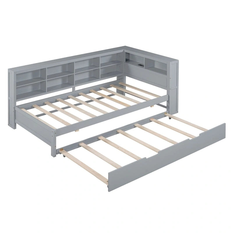 Tagesbett in Twin/Full-Größe mit Twin-Ausziehbett, Ablageboden und USB-Ladeanschlüssen