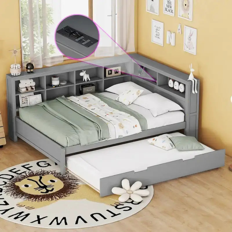Tagesbett in Twin/Full-Größe mit Twin-Ausziehbett, Ablageboden und USB-Ladeanschlüssen