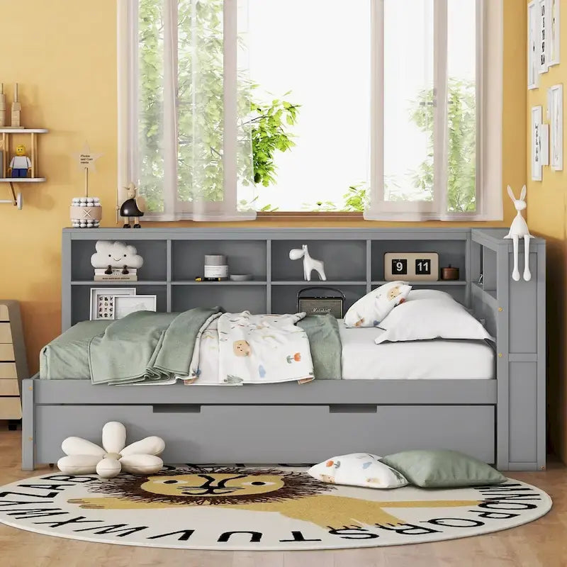 Tagesbett in Twin/Full-Größe mit Twin-Ausziehbett, Ablageboden und USB-Ladeanschlüssen