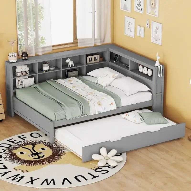 Tagesbett in Twin/Full-Größe mit Twin-Ausziehbett, Ablageboden und USB-Ladeanschlüssen