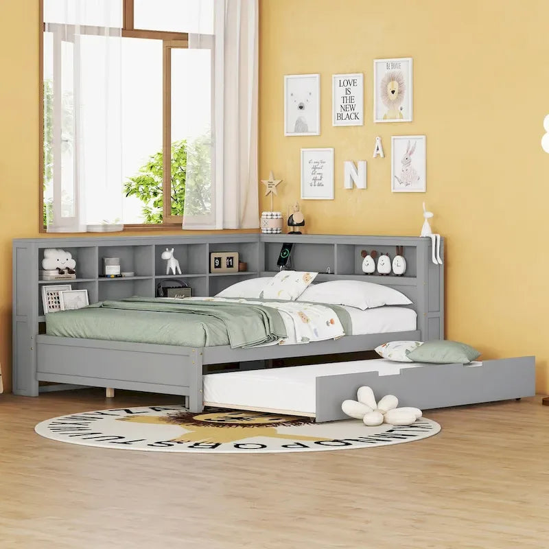 Tagesbett in Twin/Full-Größe mit Twin-Ausziehbett, Ablageboden und USB-Ladeanschlüssen