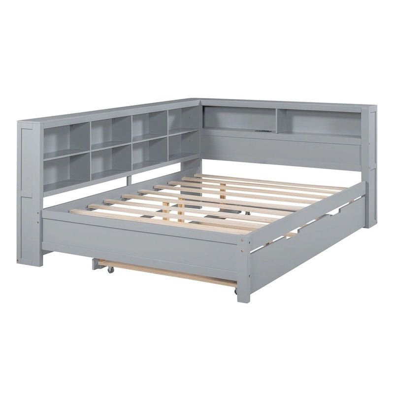 Tagesbett in Twin/Full-Größe mit Twin-Ausziehbett, Ablageboden und USB-Ladeanschlüssen
