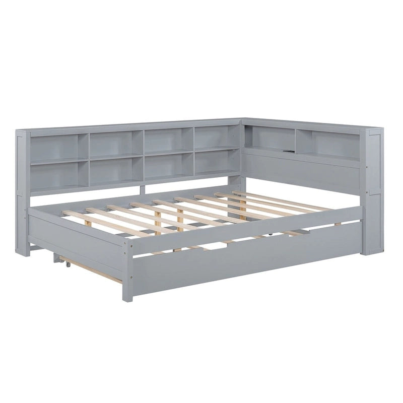 Tagesbett in Twin/Full-Größe mit Twin-Ausziehbett, Ablageboden und USB-Ladeanschlüssen