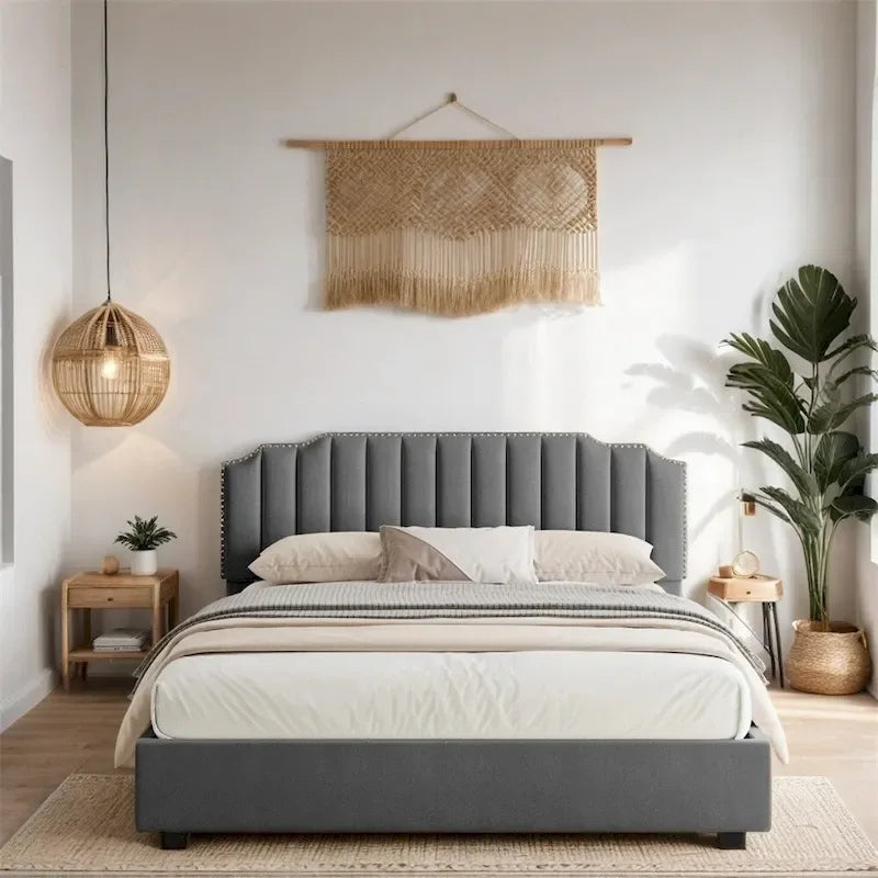 Queensize platformbed met fluwelen bekleding, houten frame, opklapbaar en met opbergruimte