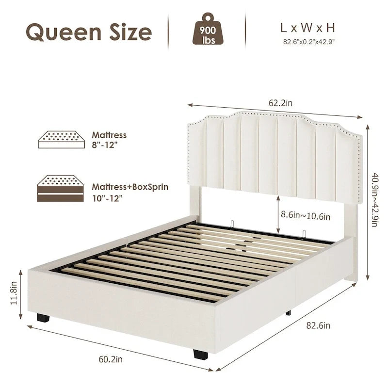 Queensize platformbed met fluwelen bekleding, houten frame, opklapbaar en met opbergruimte