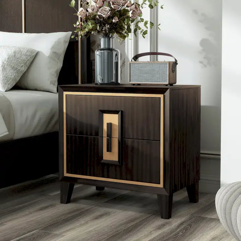 Modern 2-Drawer Espresso & Gold Nightstand