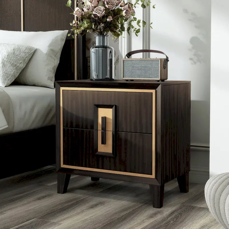 Modern 2-Drawer Espresso & Gold Nightstand