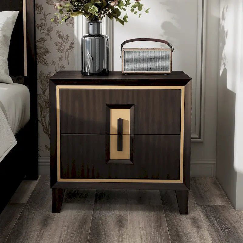 Modern 2-Drawer Espresso & Gold Nightstand