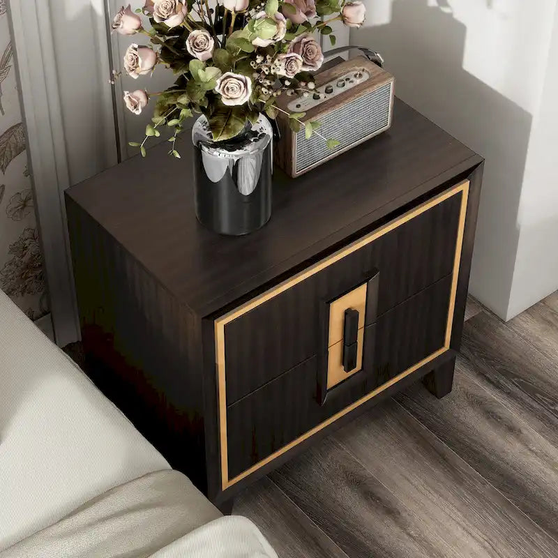 Modern 2-Drawer Espresso & Gold Nightstand