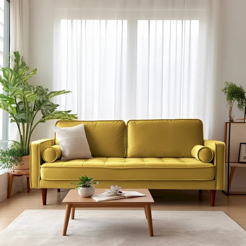 Aksamitna sofa z kwadratowymi podłokietnikami
