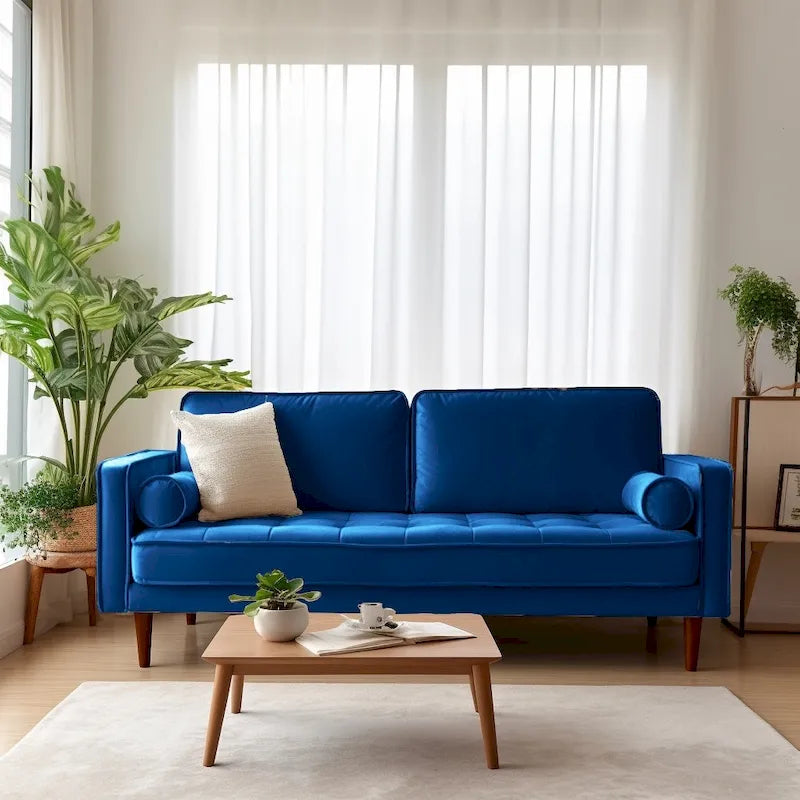Aksamitna sofa z kwadratowymi podłokietnikami