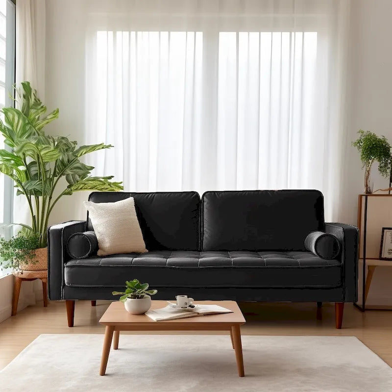 Aksamitna sofa z kwadratowymi podłokietnikami
