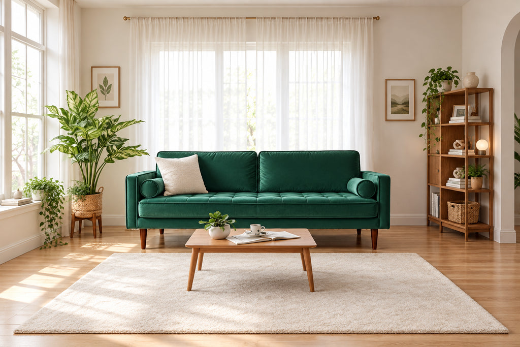 Samtsofa mit geraden Armlehnen