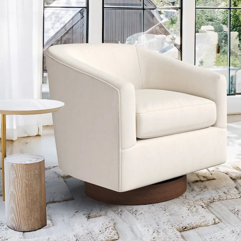 Moderne accentstoel met stoffen bekleding, draaibare kuipfauteuil voor de woonkamer met houten frame