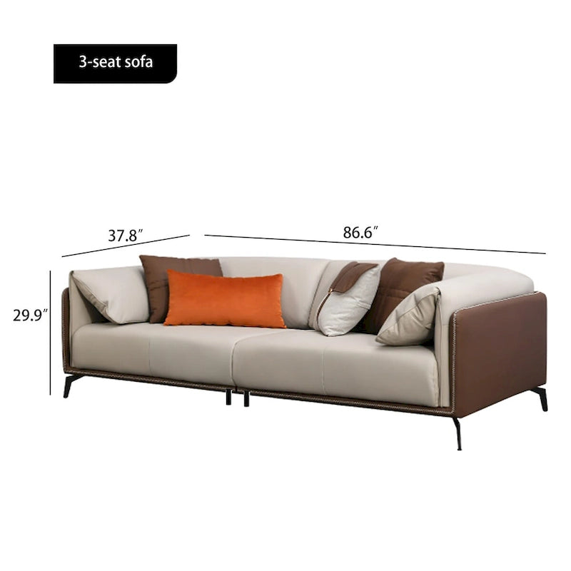 Divano con braccioli in ecopelle e imbottitura pillow top, cuscini reversibili - tre posti