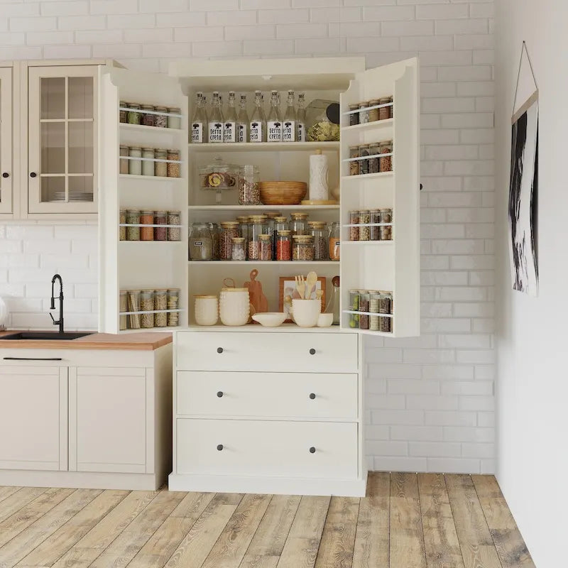 Garde-manger de cuisine de style maison de campagne de 77 pouces, armoire haute indépendante avec 3 étagères réglables, 8 étagères de porte et 3 tiroirs
