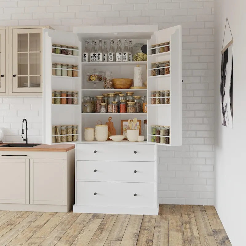 Garde-manger de cuisine de style maison de campagne de 77 pouces, armoire haute indépendante avec 3 étagères réglables, 8 étagères de porte et 3 tiroirs