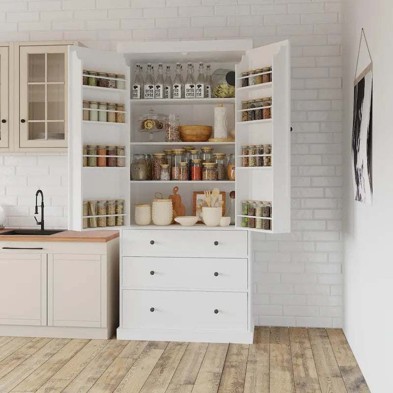 Garde-manger de cuisine de style maison de campagne de 77 pouces, armoire haute indépendante avec 3 étagères réglables, 8 étagères de porte et 3 tiroirs